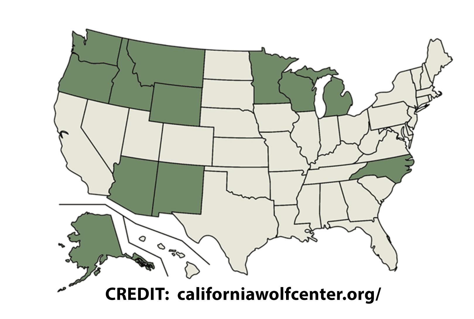 USA map of states with wolves